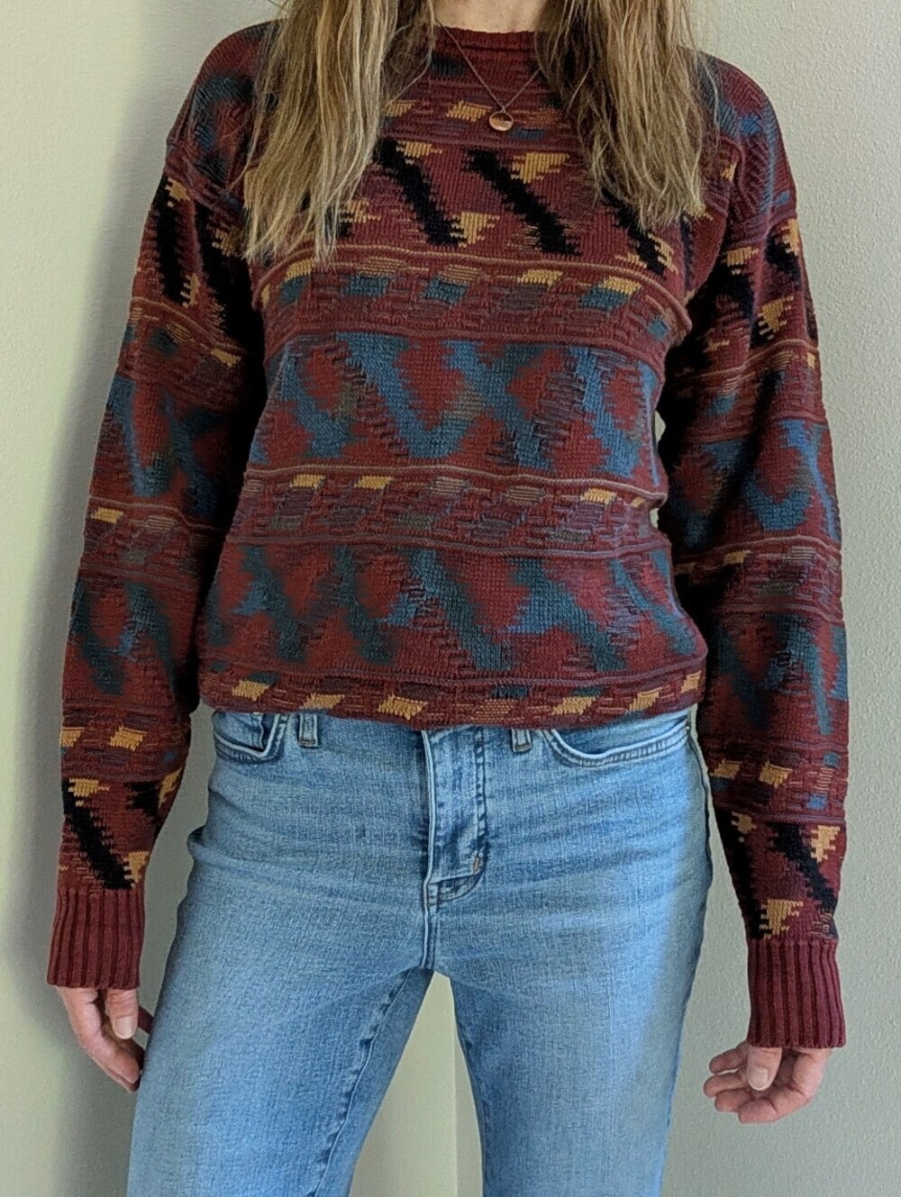 Vintage Abstract Geometric Patterned Textured Crewneck Sweater In Dark Red/Blue